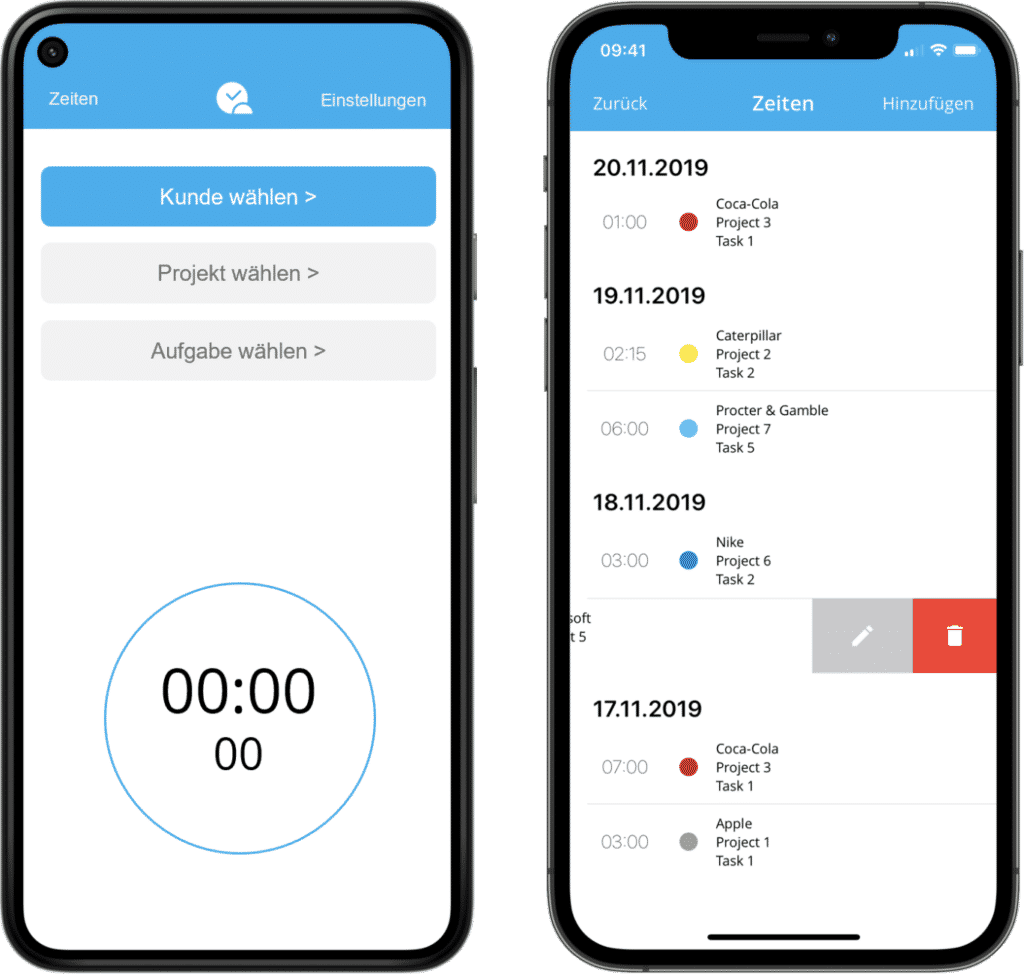 Mobile Stempeluhr App zur Zeiterfassung (iOS und Android Mockup)